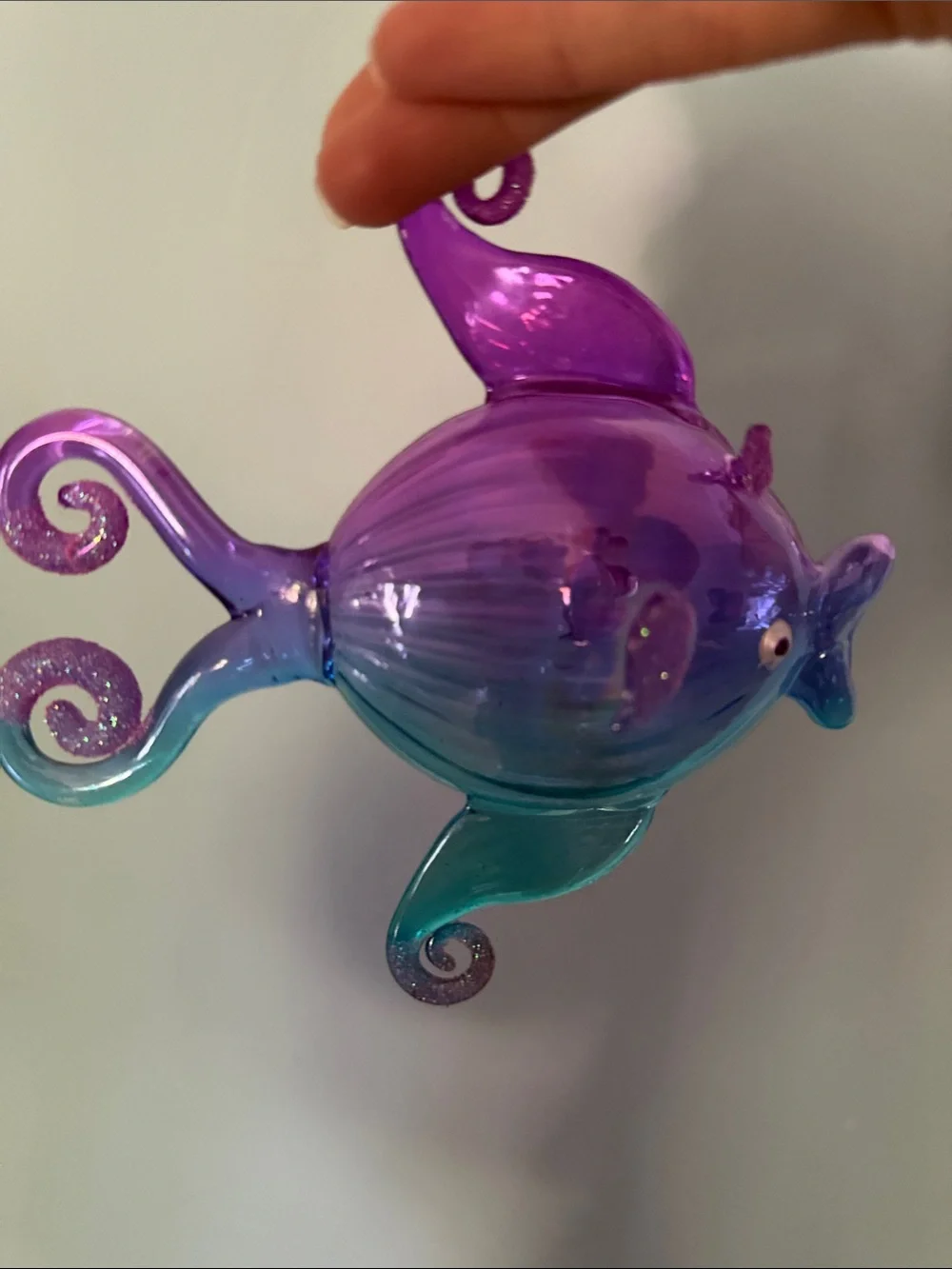 Pier 1 Purple and Teal Blown Glass Fish Ornament